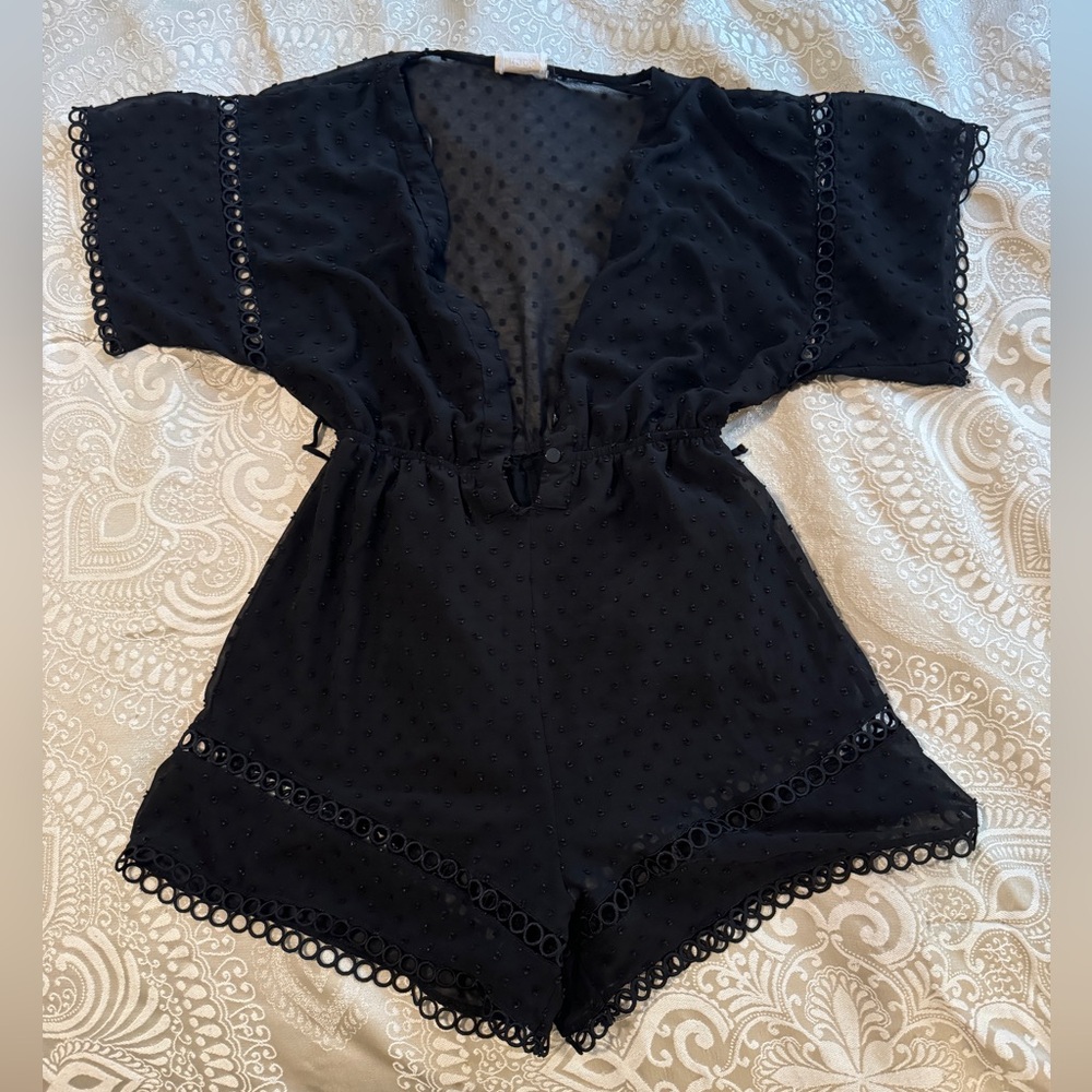 Style Rack Black Polka Dot Cutout Tie Waist Short Romper